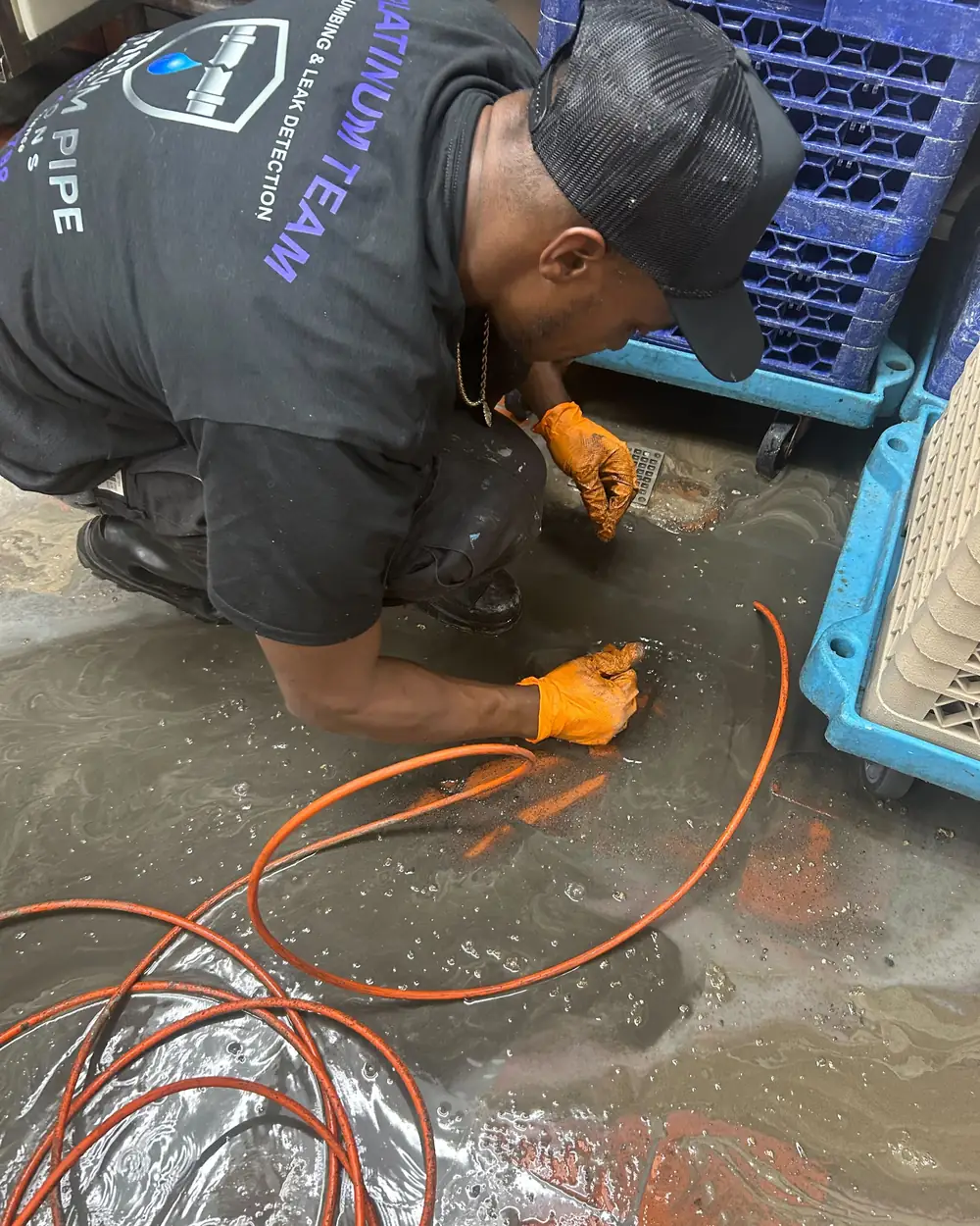Platinum Pipe Solutions plumber in a Platinum Team shirt clearing a flooded floor drain in a commercial kitchen